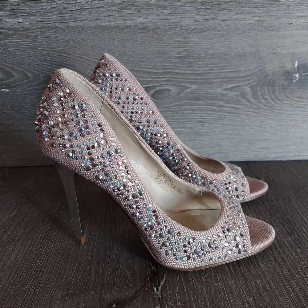 INC 'Jema' Canvas Rhinestone Embellished Peep Toe Heels 5.5